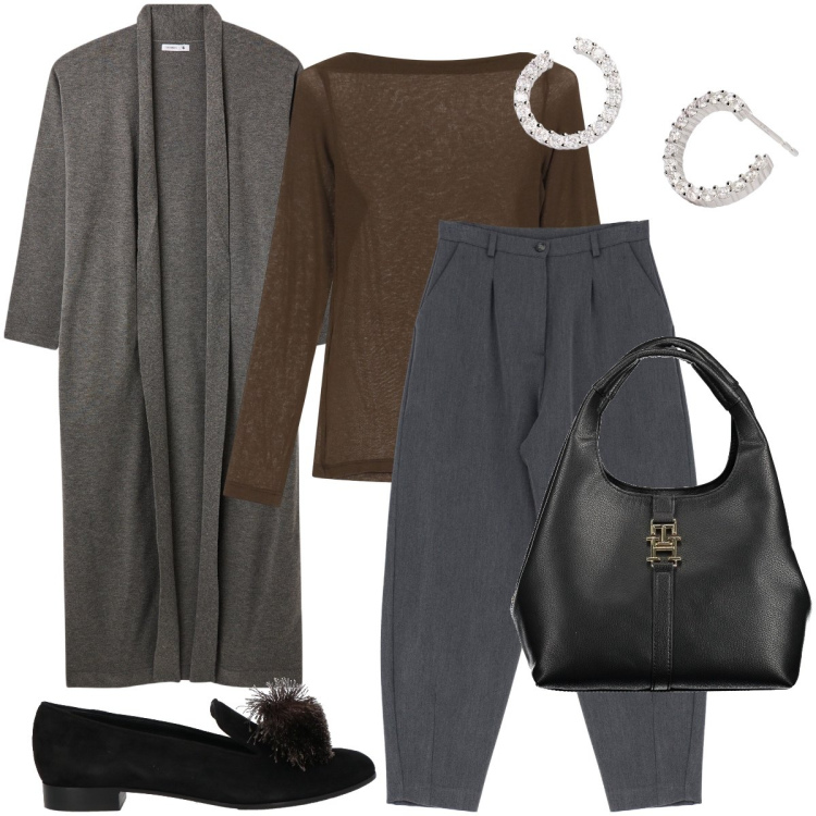 Outfit donna - Il cardigan/cappotto. Stile Trendy per Serata fuori. Abbinamento con mocassini, cardigans, orecchini, pantaloni, t-shirt, borse a tracolla.