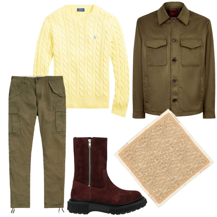 Outfit uomo - Il giallo veste di giorno. Stile Trendy per Tutti i giorni. Abbinamento con stivali, sciarpe, pantaloni cargo, maglieria, giacche.