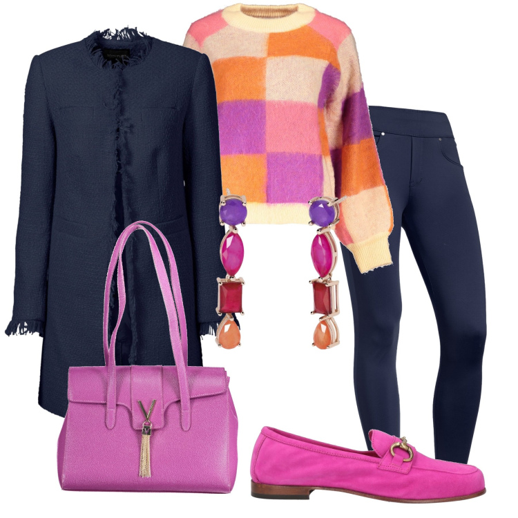 Outfit donna - Il maglione multicolore a quadri. Stile Casual per Ufficio. Abbinamento con blazer, mocassini, orecchini, jeggings, maglieria, borse a spalla.