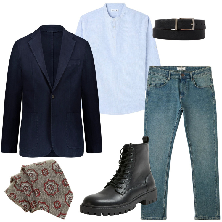 Outfit uomo - Ricercato in cravatta. Stile Trendy per Ufficio. Abbinamento con jeans, camicie, anfibi, cravatte, cinture, giacche.