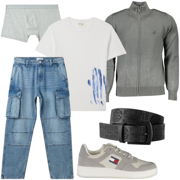 Outfit uomo - I jeans cargo. Stile Urban per Tutti i giorni. Abbinamento con cinture, t-shirt, boxer, jeans, cardigans, sneakers.