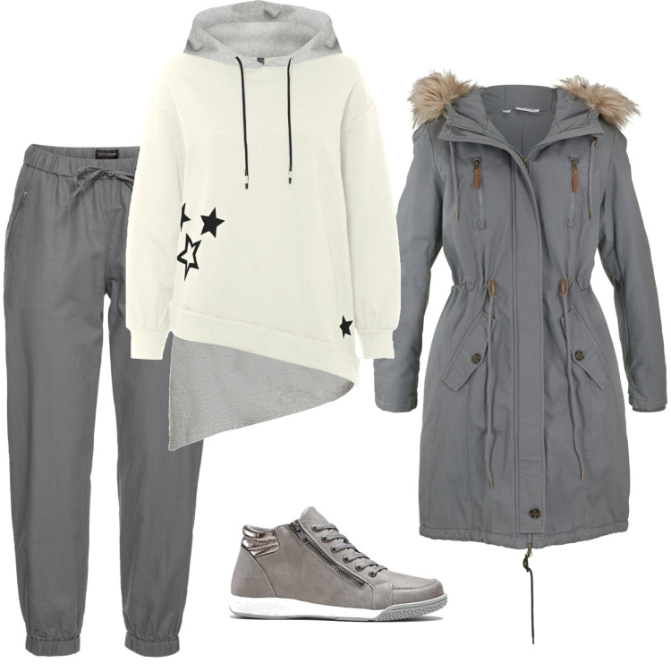 Outfit donna - Sportiva in grigio. Stile Urban per Sport. Abbinamento con pantaloni, sneakers alte, felpe con cappuccio, parka.