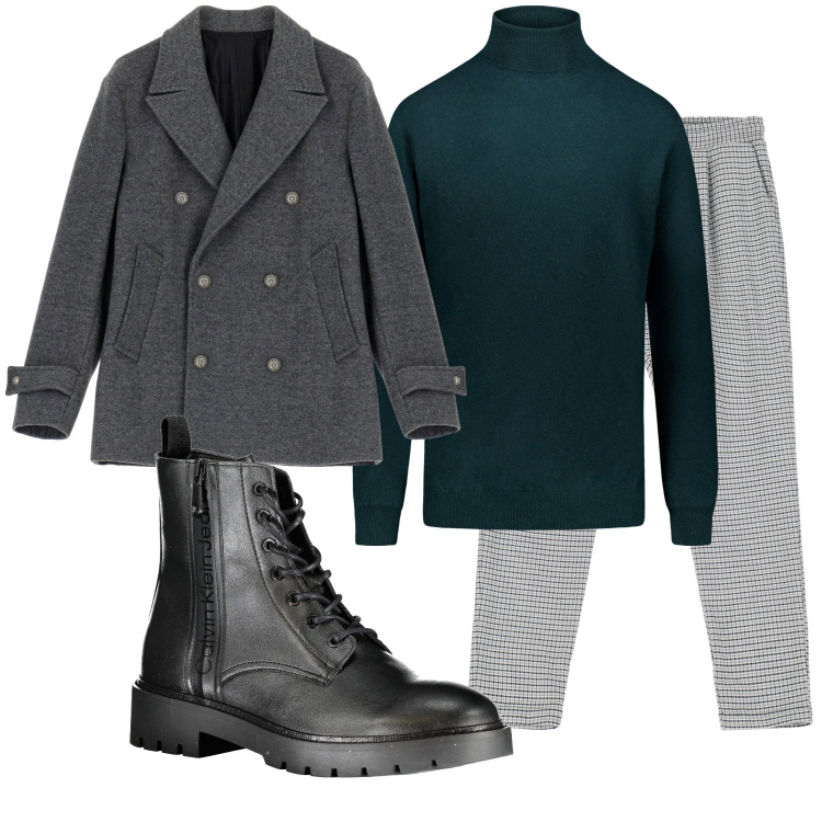 Outfit uomo - Anfibi e doppiopetto. Stile Trendy per Serata speciale. Abbinamento con giacche, pantaloni, maglieria, stivali.