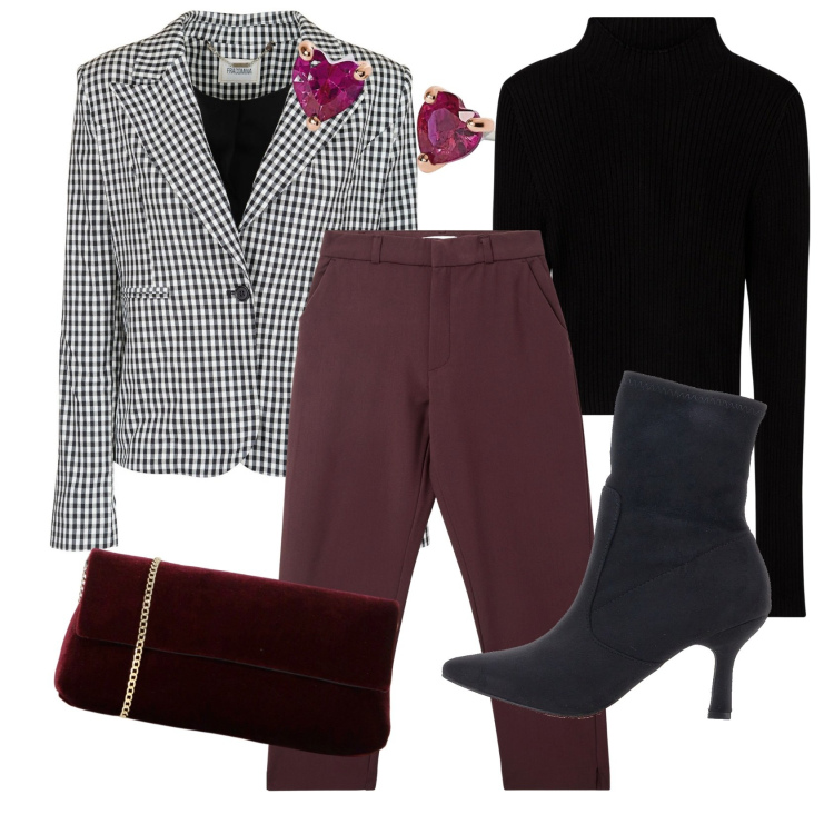 Outfit donna - Oggi oso con i tacchi. Stile Chic per Tutti i giorni. Abbinamento con pantaloni chino, maglieria, orecchini, pochette, blazer, stivaletti.