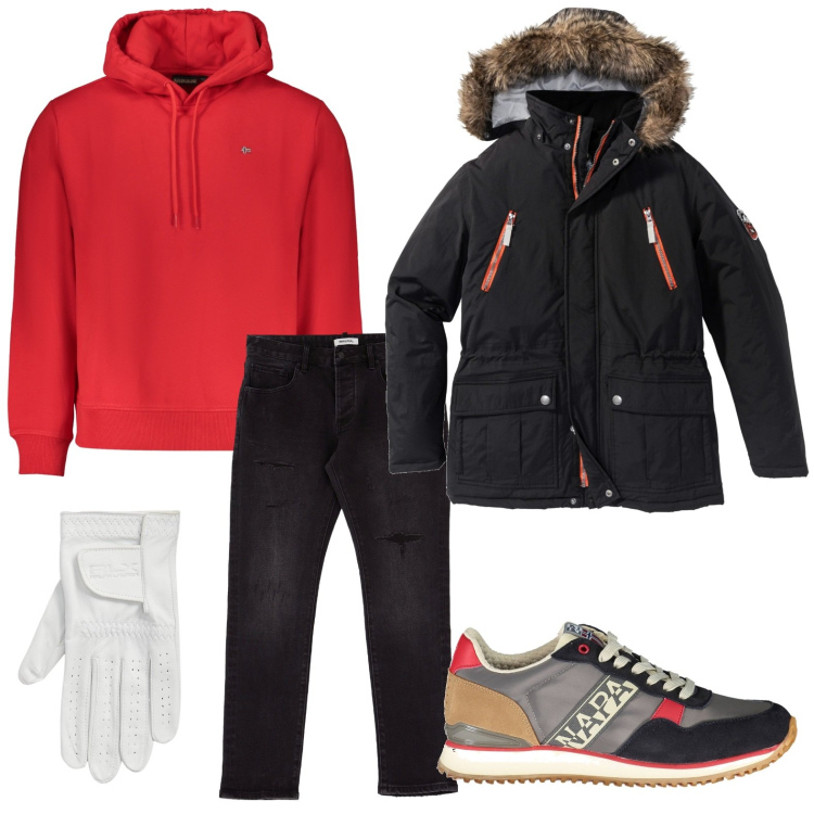 Outfit uomo - Sportivo con il parka. Stile Trendy per Tutti i giorni. Abbinamento con parka, jeans slim fit, cappelli, sneakers, felpe con cappuccio.