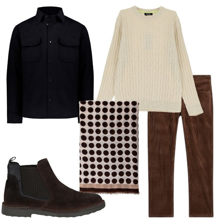 Outfit uomo - Il foulard con cerchi e frange. Stile Trendy per Ufficio. Abbinamento con pantaloni, stivali e stivaletti, maglieria, sciarpe e foulard, giacche.
