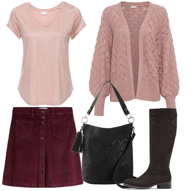 Outfit donna - La mini bordeaux. Stile Preppy per Scuola/Università. Abbinamento con cardigans, borse a mano, stivali, gonne, maglieria.