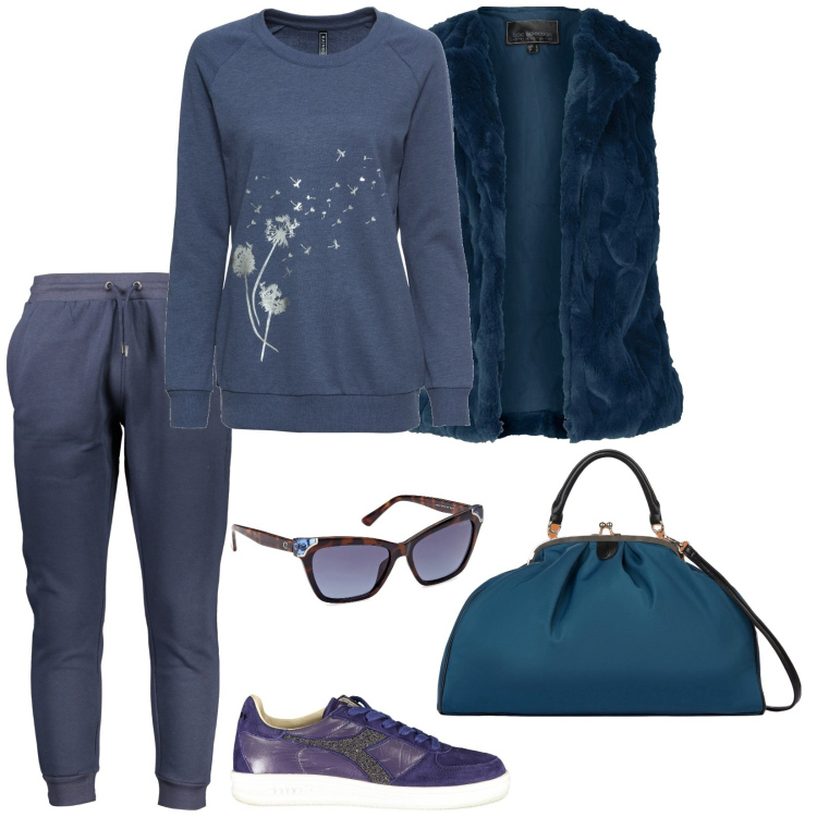 Outfit donna - Total look #1993192. Stile Basic per Tutti i giorni. Abbinamento con gilet, felpe, pantaloni, occhiali da sole, sneakers, borse a spalla.