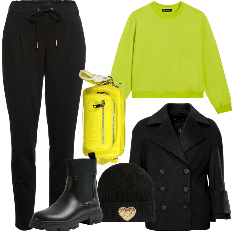 Outfit donna - Pantaloni ideali per look moderni. Stile Sporty chic per Tutti i giorni. Abbinamento con pantaloni, berretti, stivaletti chelsea, cappotti, felpe, borse a spalla.