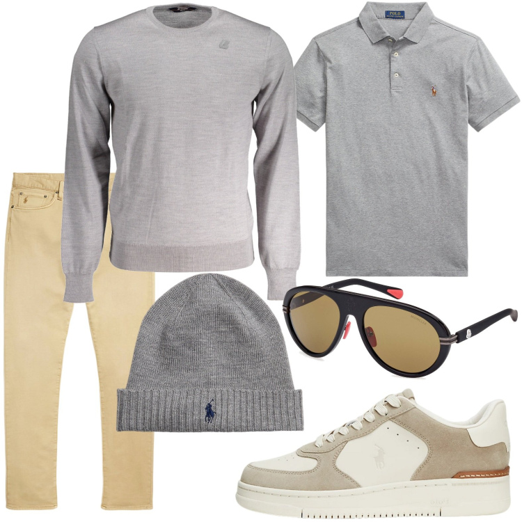 Outfit uomo - Colori classici. Stile Casual per Tutti i giorni. Abbinamento con berretti, polo, sneakers, pantaloni chino, maglieria, occhiali da sole.