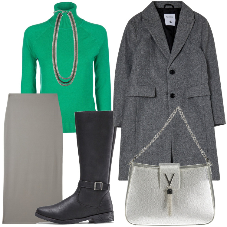 Outfit donna - Nuance argento. Stile Casual per Ufficio. Abbinamento con stivali, gonne lunghe, cappotti, maglieria, collane, borse a spalla.