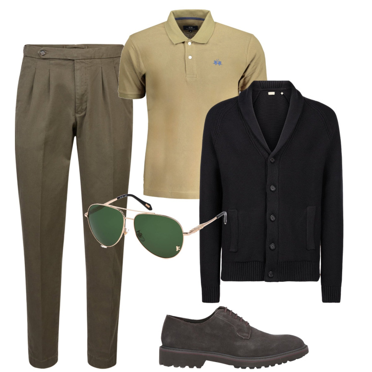 Outfit uomo - Lo stile della Polo con cardigan. Stile Business/Elegante per Ufficio. Abbinamento con scarpe stringate, pantaloni, cardigans, occhiali da sole, polo.