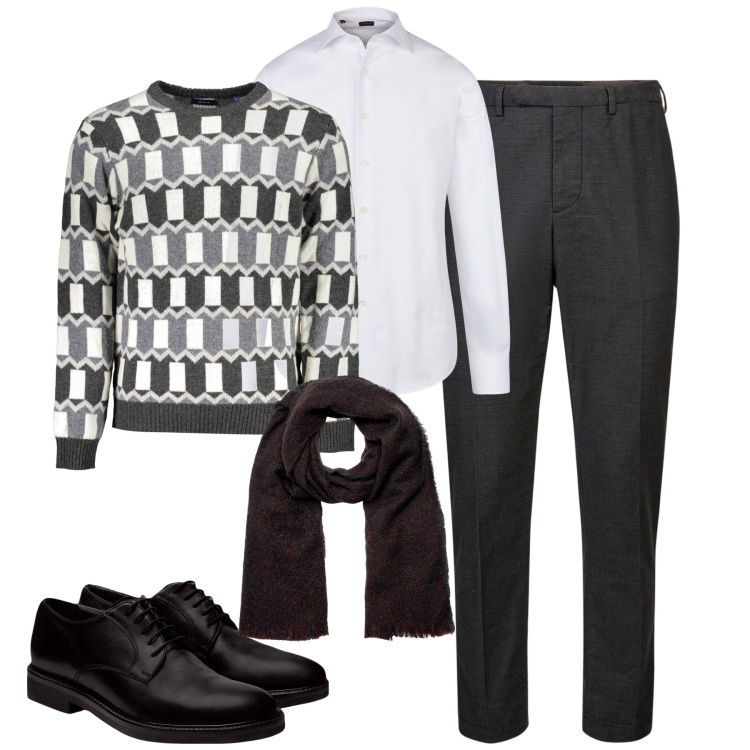 Outfit uomo - Total look #1993209. Stile Urban per Tutti i giorni. Abbinamento con sciarpe, scarpe stringate, pantaloni, maglieria, camicie.