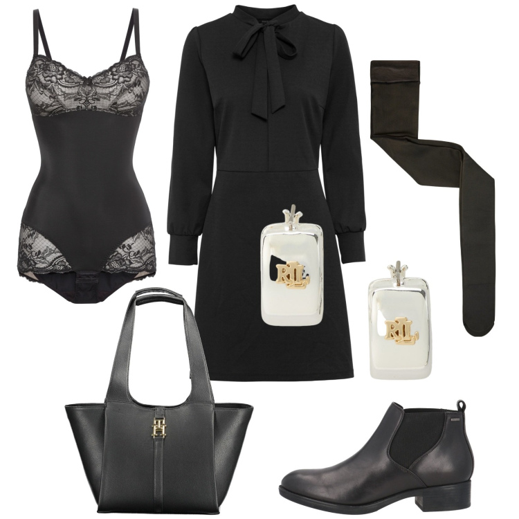 Outfit donna - Il sotto è importante. Stile Vintage retrò per Tutti i giorni. Abbinamento con body, vestiti, stivaletti chelsea, collant, orecchini, borse a spalla.