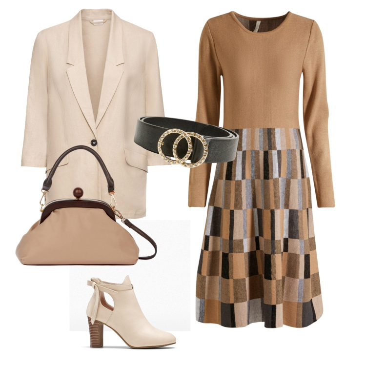 Outfit donna - Il blazer con la cintura. Stile Casual chic per Tutti i giorni. Abbinamento con vestiti, stivaletti, blazer, cinture, clutch.