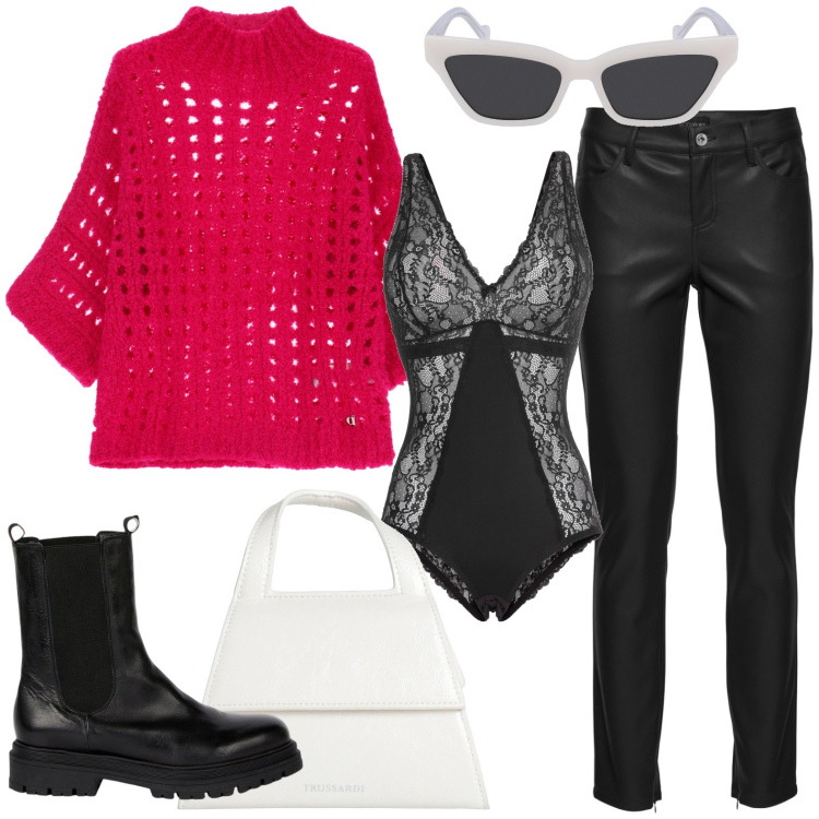 Outfit donna - Il pullover originale. Stile Rock per Serata fuori. Abbinamento con body, pantaloni, borse a mano, pullovers, stivaletti chelsea, occhiali da sole.