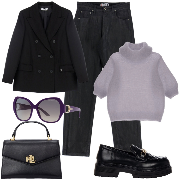 Outfit donna - Maglioncino caldo. Stile Minimal per Tutti i giorni. Abbinamento con blazer, jeans dritti, mocassini, maglieria, borse a mano, occhiali da sole.