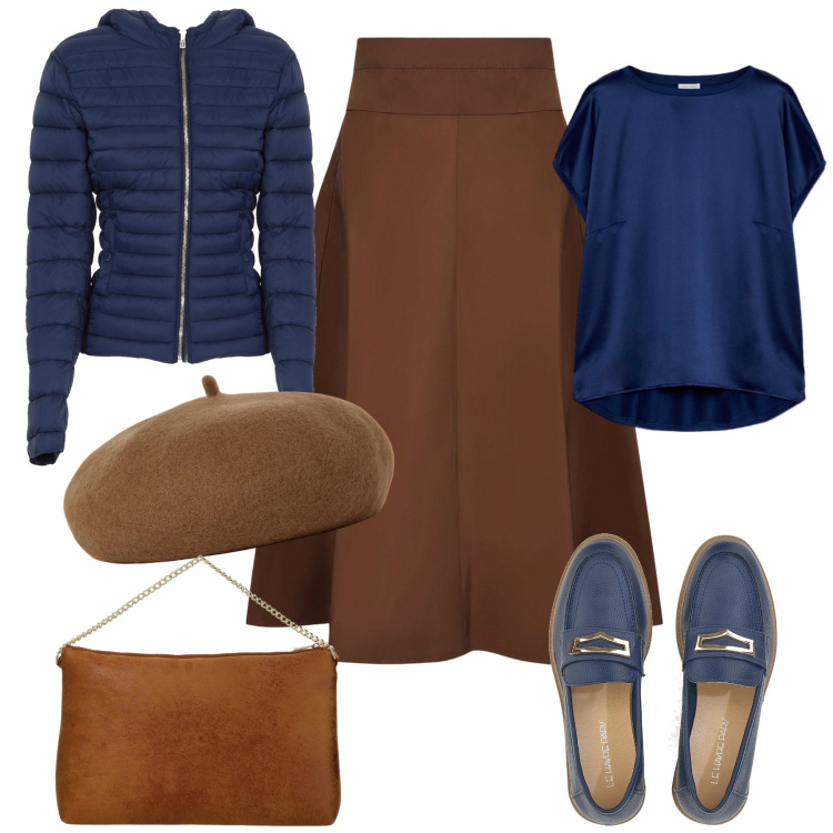 Outfit donna - Cappelli per l\'autunno. Stile Casual chic per Tutti i giorni. Abbinamento con piumini, pochette, cappelli e berretti, mocassini, gonne, bluse.