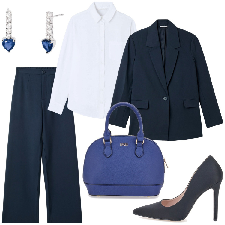 Outfit donna - Pantaloni da completo blu. Stile Chic per Ufficio. Abbinamento con blazer, pantaloni, camicie, orecchini, décolleté, borse a mano.