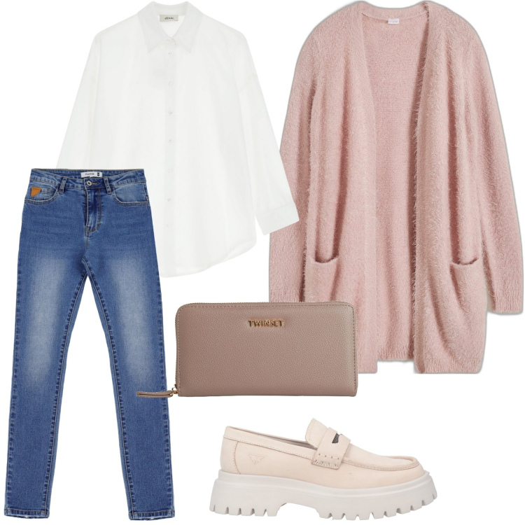 Outfit donna - Il cardigan che piace. Stile Casual per Ufficio. Abbinamento con cardigans, mocassini, portafogli, jeans skinny, camicie.