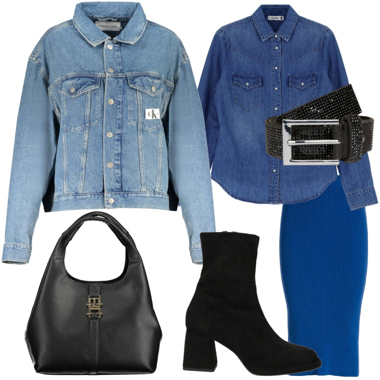Outfit donna - L'amico denim. Stile Casual per Tutti i giorni. Abbinamento con gonne longuette, cinture, camicie, stivaletti, borse a tracolla, blazer.