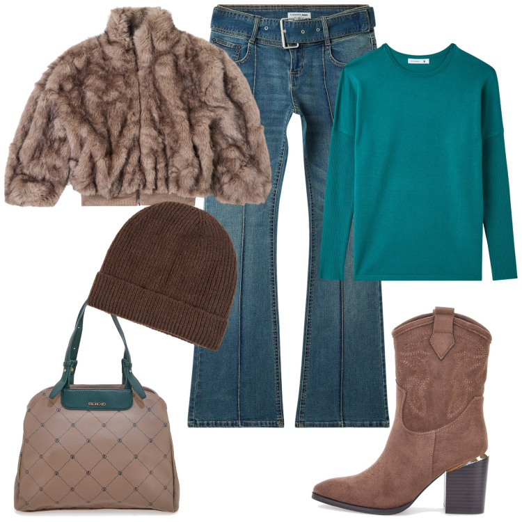 Outfit donna - Cappello per l\'autunno. Stile Casual per Tutti i giorni. Abbinamento con jeans a zampa, maglieria, berretti, ecopellicce, borse a spalla, stivaletti.