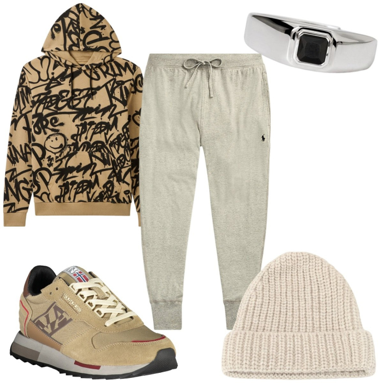 Outfit uomo - Total look #1993259. Stile Urban per Tutti i giorni. Abbinamento con felpe con cappuccio, anelli, berretti, pantaloni, sneakers.