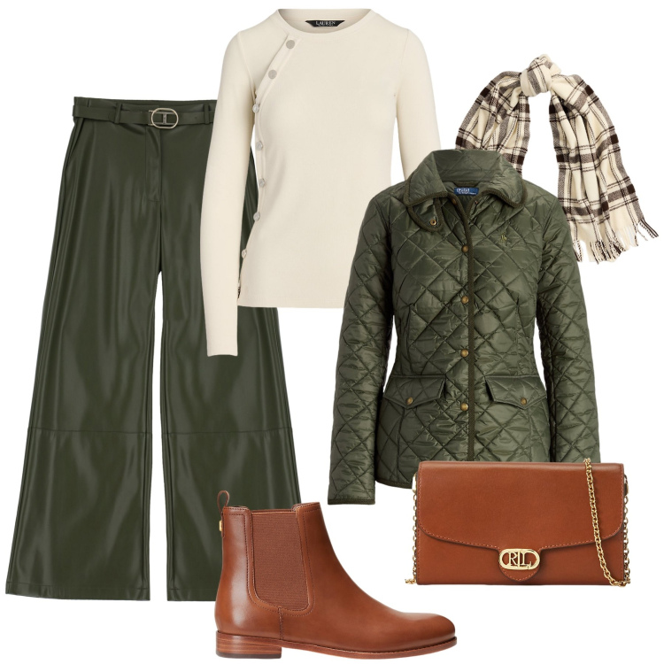 Outfit donna - I pantaloni in similpelle. Stile Casual chic per Tutti i giorni. Abbinamento con pantaloni, borse a tracolla, maglieria, stivaletti chelsea, giacche, sciarpe.