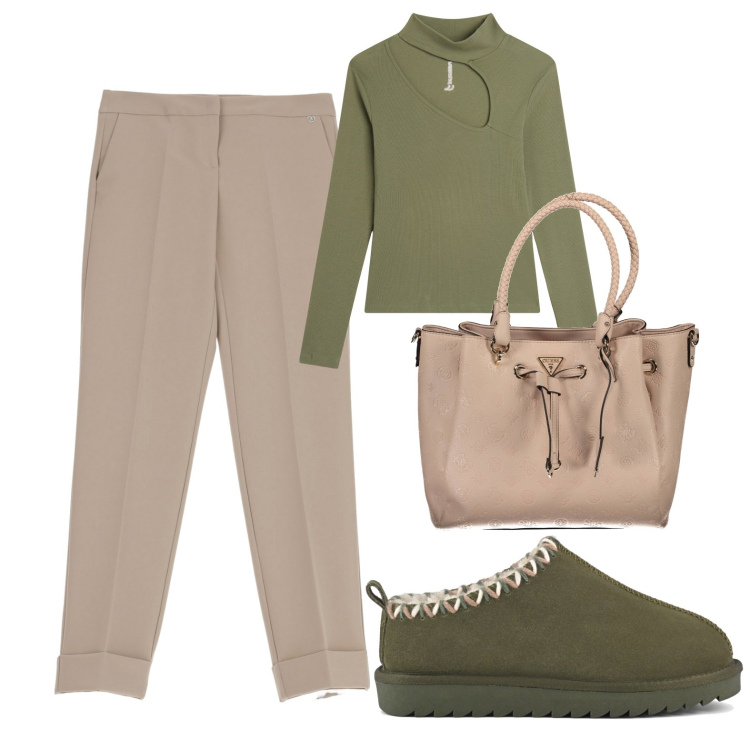 Outfit donna - Verde cimice e beige. Stile Casual chic per Tutti i giorni. Abbinamento con pantaloni, maglieria, sabot, borse a spalla.