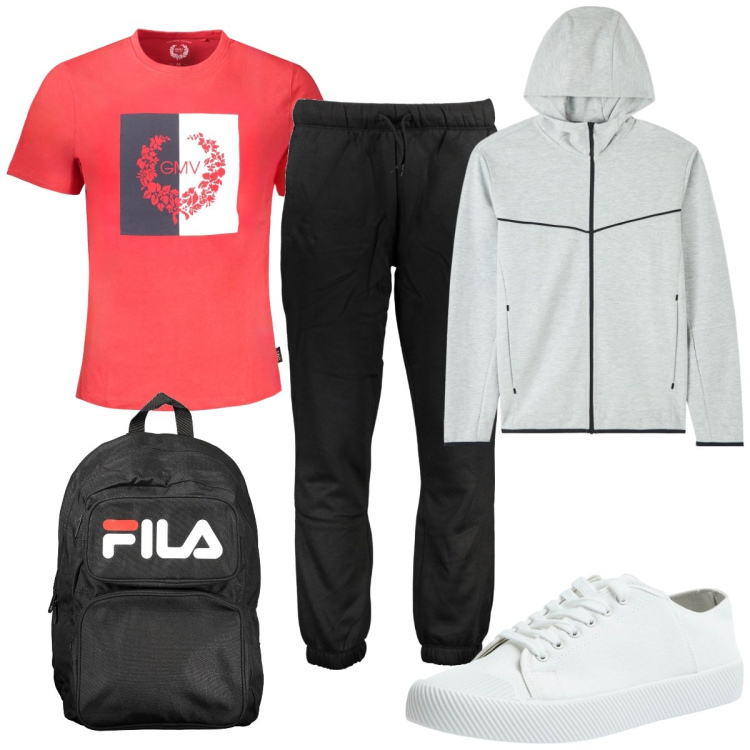 Outfit uomo - Total look #1993273. Stile Trendy per Sport. Abbinamento con felpe con cappuccio, sneakers, pantaloni, borse sportive, t-shirt.