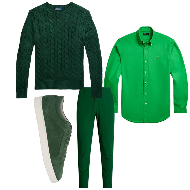 Outfit uomo - Verde in autunno. Stile Casual per Tutti i giorni. Abbinamento con sneakers, camicie, pantaloni, maglieria.
