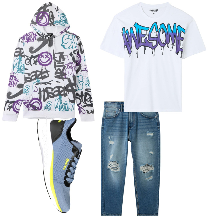Outfit uomo - Artista. Stile Casual per Tutti i giorni. Abbinamento con t-shirt, felpe con cappuccio, jeans strappati, sneakers.