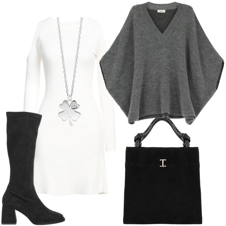 Outfit donna - La potenzialità del bianco. Stile Casual per Tutti i giorni. Abbinamento con stivali, vestiti corti, collane, shopping bag, cappotti.