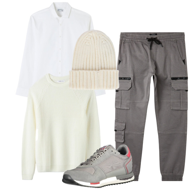 Outfit uomo - Bianco. Stile Urban per Tutti i giorni. Abbinamento con pantaloni cargo, maglieria, camicie, berretti, sneakers.