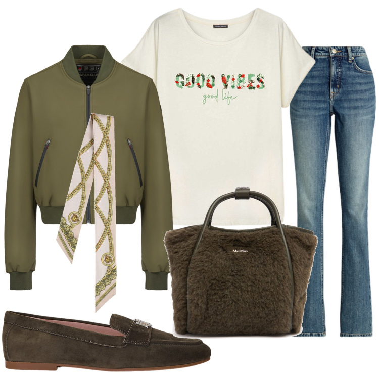 Outfit donna - La borsa morbida. Stile Casual per Tutti i giorni. Abbinamento con jeans bootcut, mocassini, bomber, foulard, t-shirt, borse a mano.