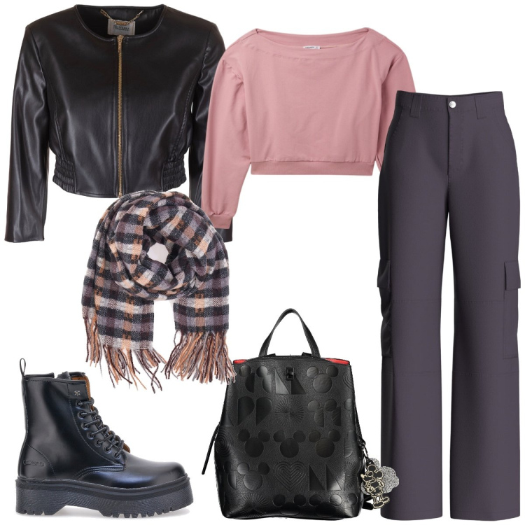 Outfit donna - Total look #1993313. Stile Urban per Tutti i giorni. Abbinamento con pantaloni cargo, felpe, blazer, sciarpe, anfibi, zaini.