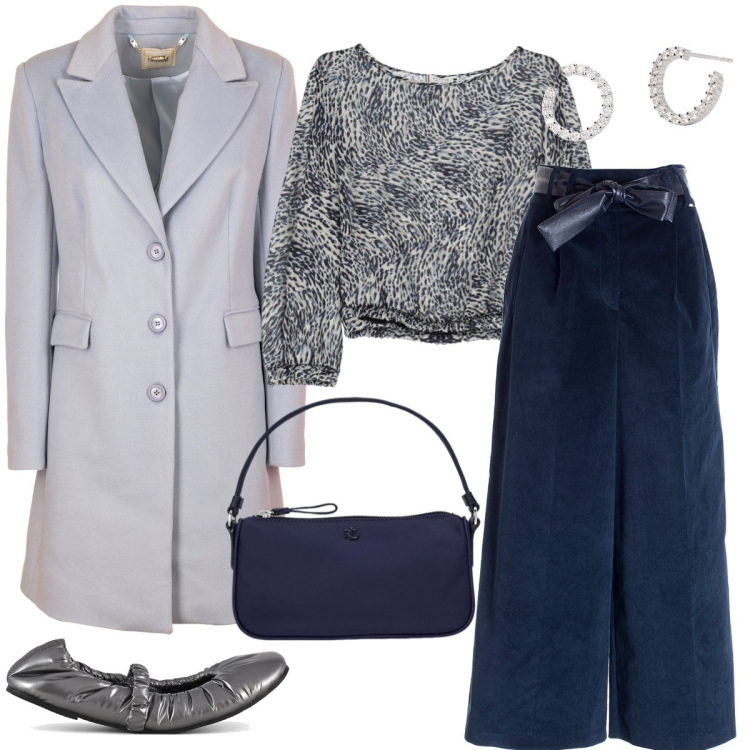 Outfit donna - Total look #1993323. Stile Romantica per Tutti i giorni. Abbinamento con orecchini, pantaloni culotte, cappotti, top, pochette, ballerine.