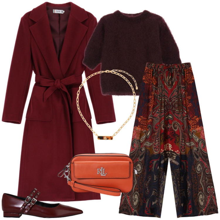 Outfit donna - Total look #1993337. Stile Casual chic per Tutti i giorni. Abbinamento con cappotti, pantaloni a palazzo, ballerine, maglieria, pochette, collane.