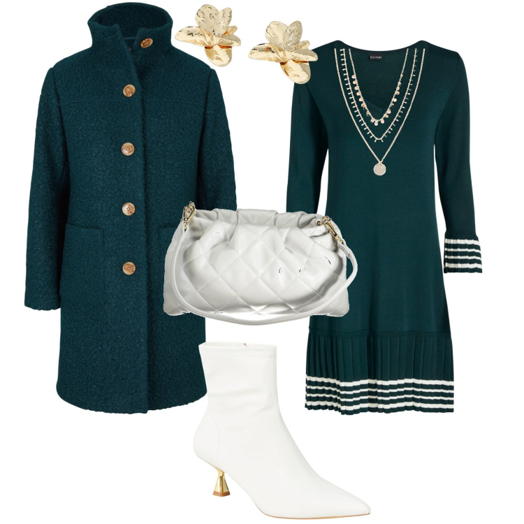 Outfit donna - Total look #1993340. Stile Chic per Serata fuori. Abbinamento con cappotti, collane, vestiti, stivaletti, orecchini, borse a spalla.