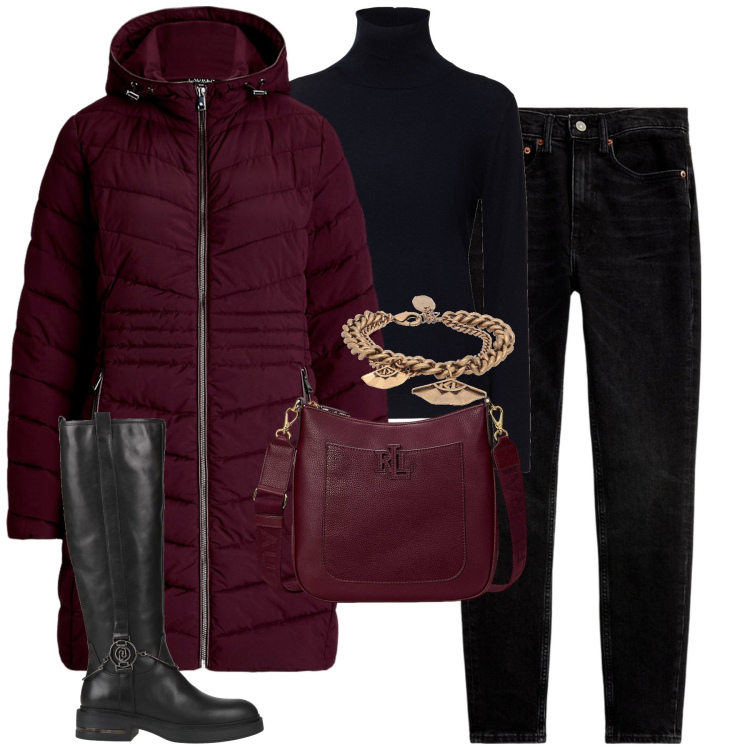 Outfit donna - City. Stile Urban per Tutti i giorni. Abbinamento con stivali, braccialetti, jeans slim fit, giacche, borse a tracolla, maglieria.