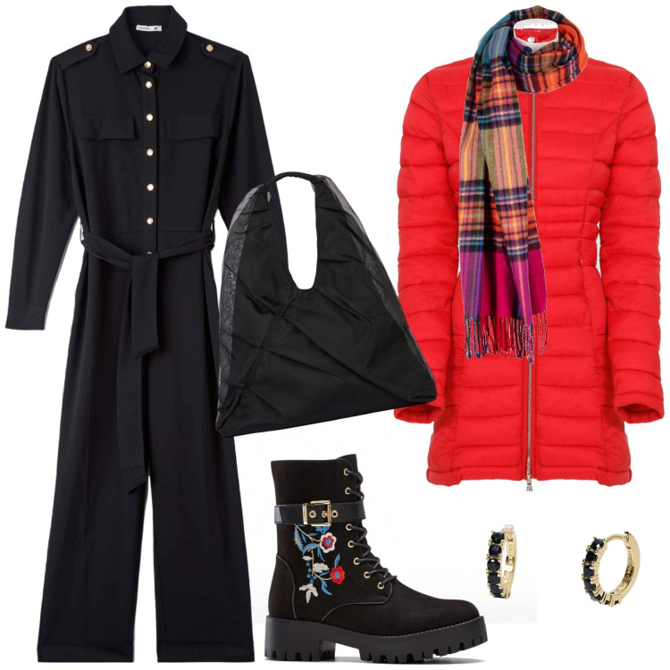 Outfit donna - Total look #1993350. Stile Sporty chic per Scuola/Università. Abbinamento con stivali, tute, orecchini, piumini, sciarpe, shopping bag.