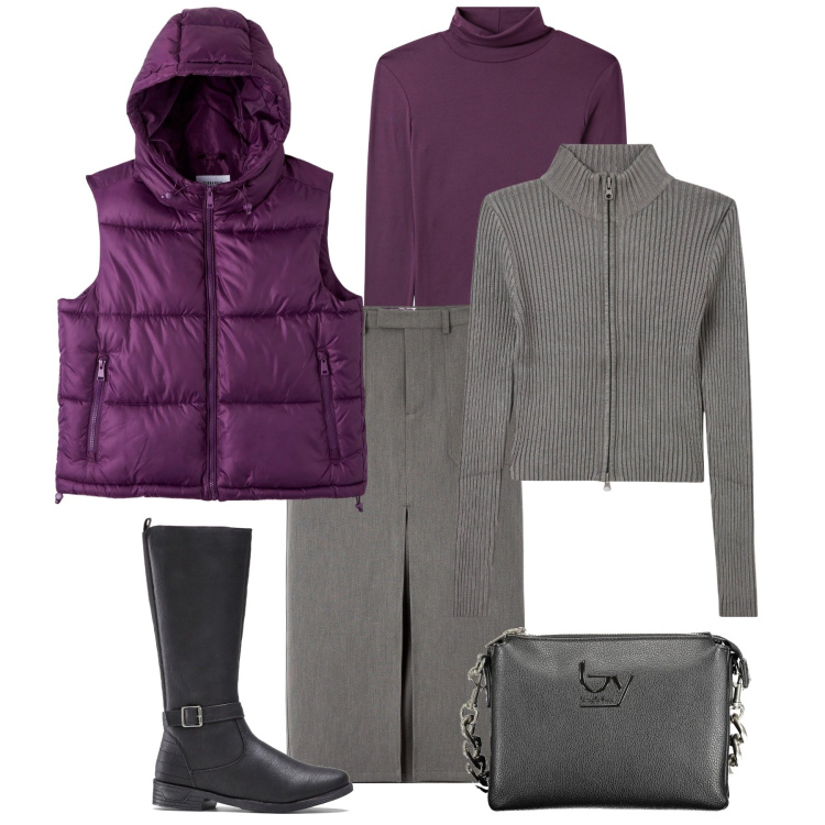 Outfit donna - Total look #1993351. Stile Trendy per Ufficio. Abbinamento con stivali, gonne lunghe, piumini, maglieria, cardigans, borse a spalla.