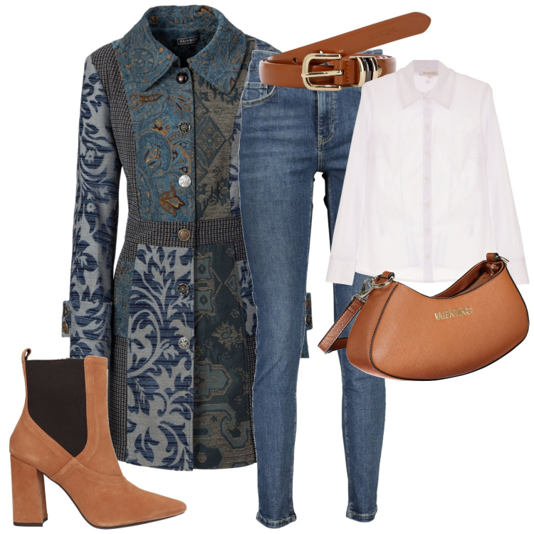 Outfit donna - Un bel mix. Stile Casual chic per Tutti i giorni. Abbinamento con cappotti, stivaletti chelsea, camicie, cinture, jeans slim fit, borse a spalla.