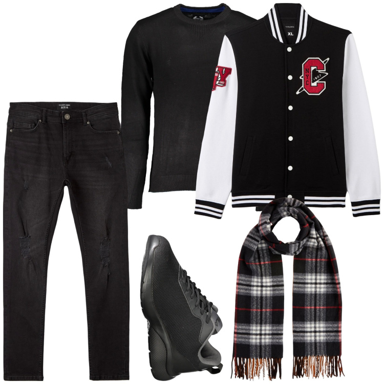 Outfit uomo - Total look #1993354. Stile Casual per Tutti i giorni. Abbinamento con bomber, jeans strappati, sciarpe, sneakers, maglieria.