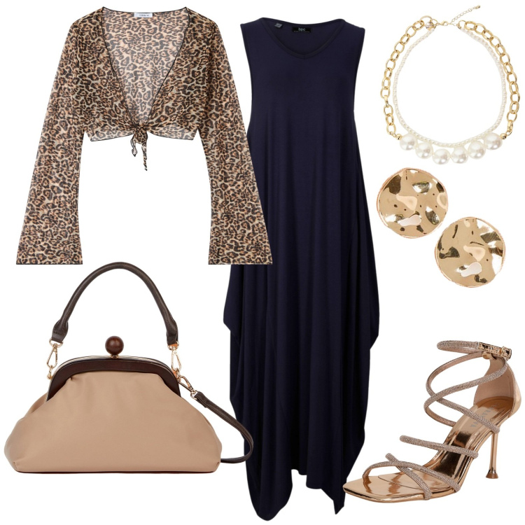 Outfit donna - Total look #1993357. Stile Chic per Serata fuori. Abbinamento con vestiti lunghi, sandali col tacco, bolero, collane, orecchini, clutch.