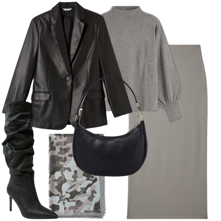 Outfit donna - City. Stile Trendy per Tutti i giorni. Abbinamento con maglieria, blazer, gonne lunghe, stivali, borse a spalla, sciarpe.