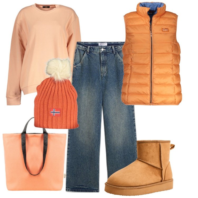 Outfit donna - Arancio. Stile Casual per Tutti i giorni. Abbinamento con jeans, stivali, borse tote, felpe, blazer, berretti.