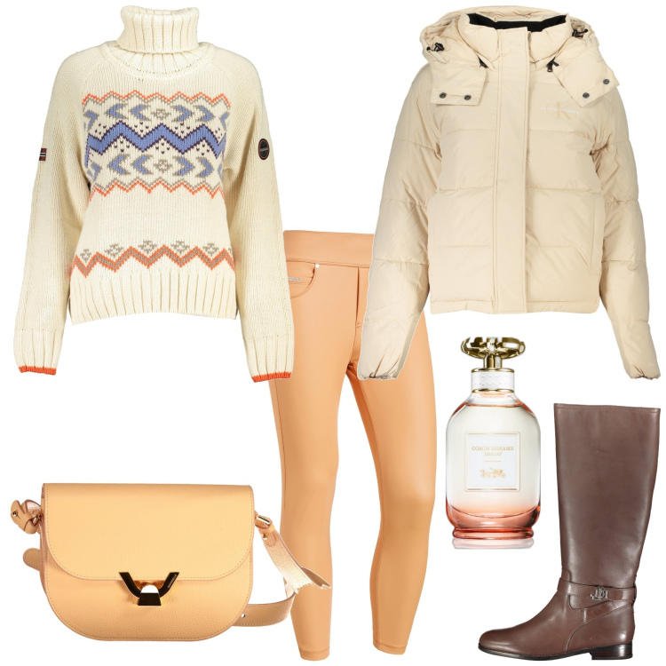 Outfit donna - Weekend in montagna. Stile Basic per Tutti i giorni. Abbinamento con profumi, jeggings, blazer, maglieria, stivali, borse a tracolla.