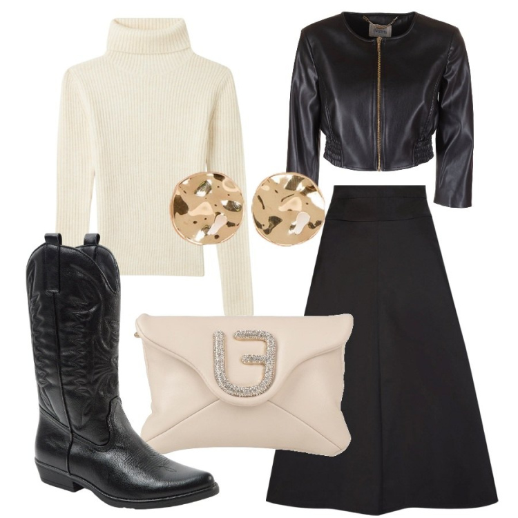 Outfit donna - Serata fuori. Stile Trendy per Serata fuori. Abbinamento con borse a mano, stivali, maglieria, blazer, gonne, orecchini.