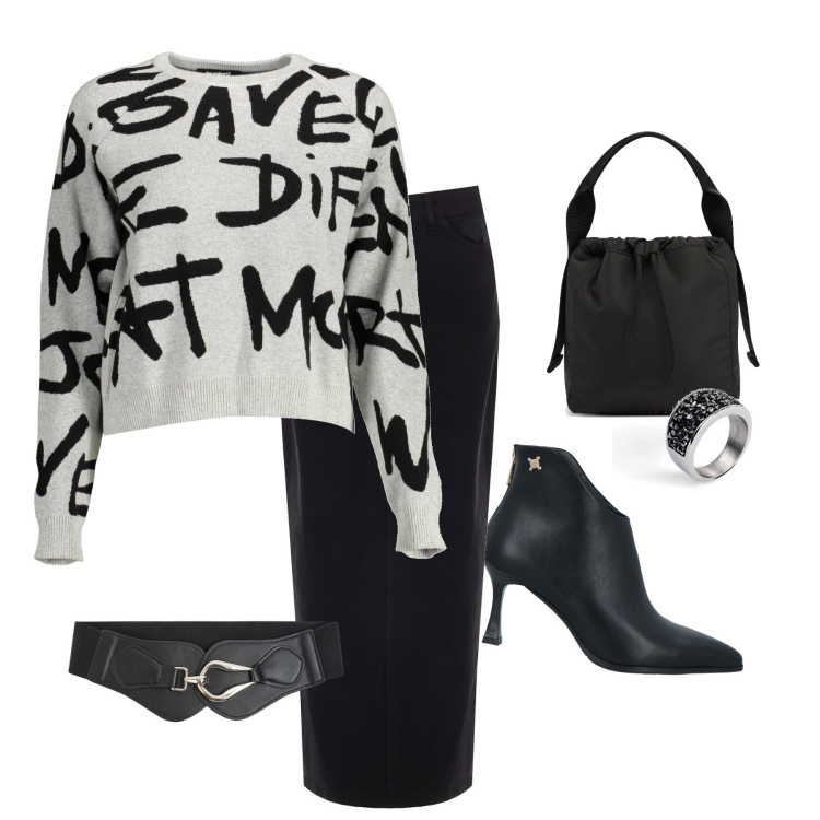 Outfit donna - Serata con le amiche. Stile Glamour per Serata fuori. Abbinamento con anelli, stivaletti, cinture, gonne lunghe, maglieria, borse a mano.